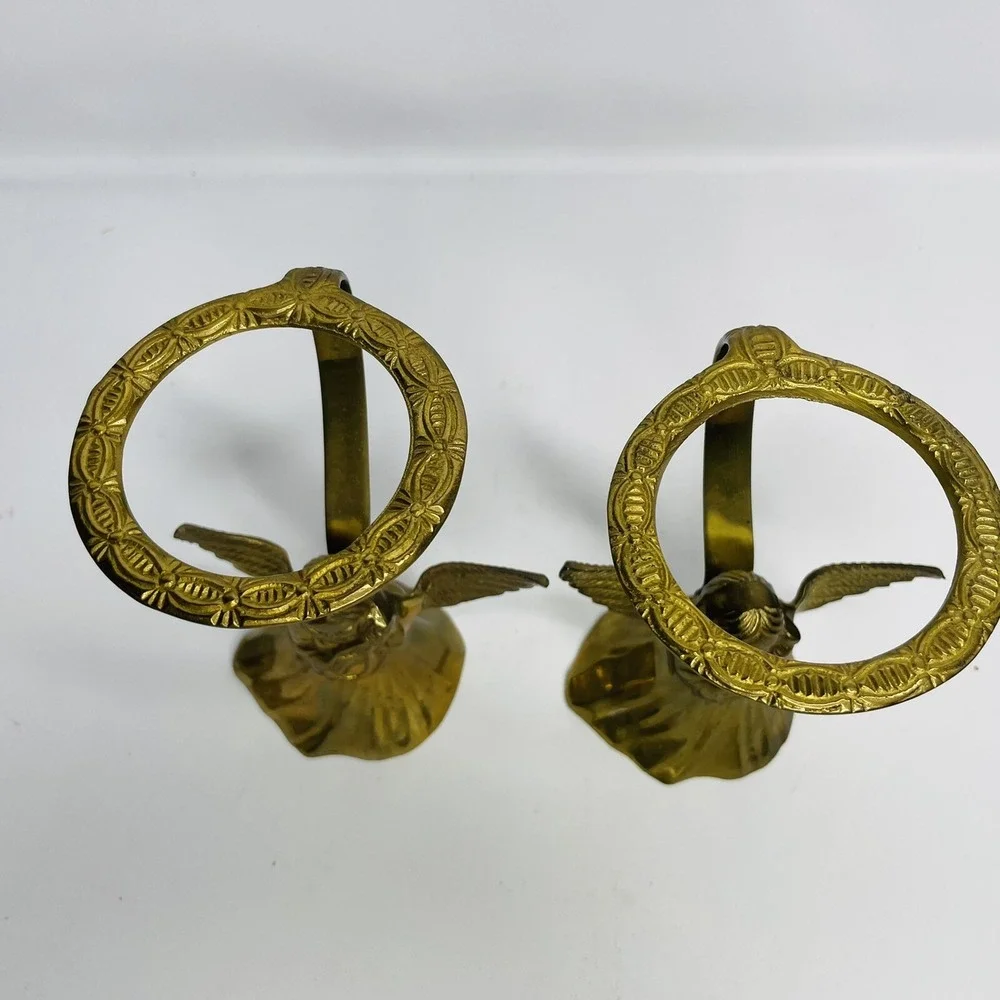 Vintage pair of Brass Harp‎ Playing Angels Candle Holders 6 1/4